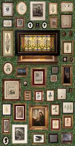 A miniature view of the gallery wall, densely hung with framed botanical prints